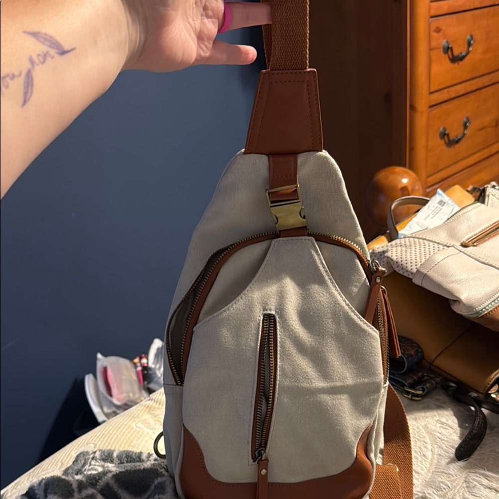 Tan and Brown Men's Sling Bag